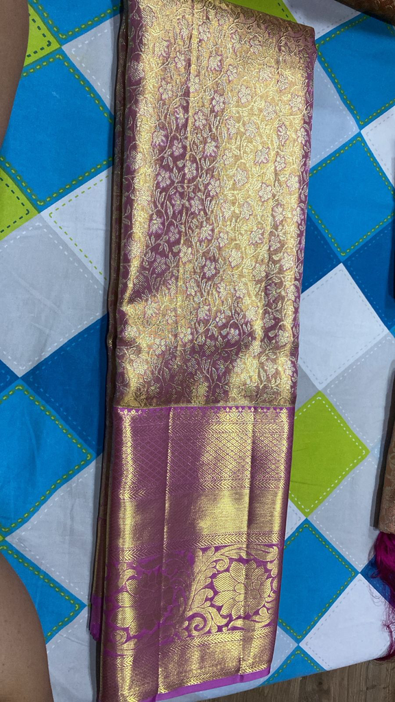 Rose Pink Gold Dual Tone Dharmavaram Silk Saree