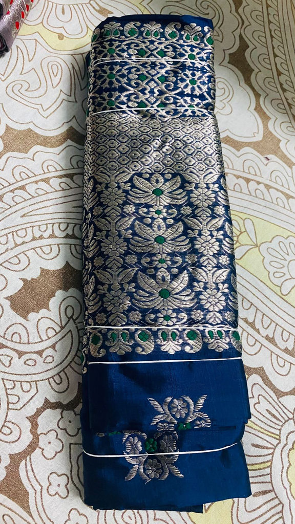 Midnight Blue Silver Assam Silk Two-Piece Saree