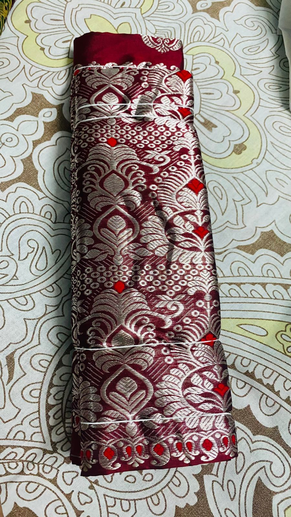 Burgundy Silver Assam Silk Two-Piece Saree