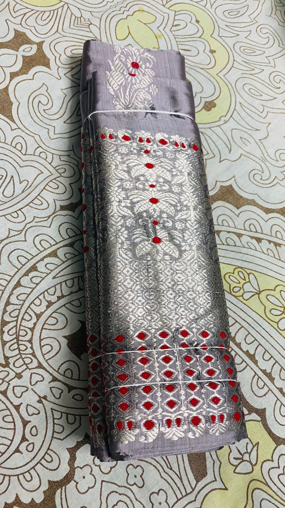 Ash Grey Silver Assam Silk Two-Piece Saree