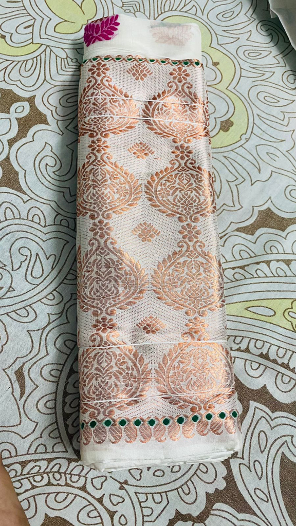 Pearl White Copper Assam Silk Two-Piece Saree