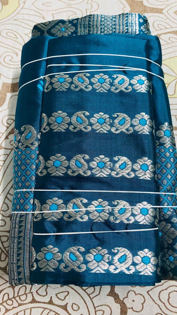 Peacock Blue Assam Silk Two-Piece Saree