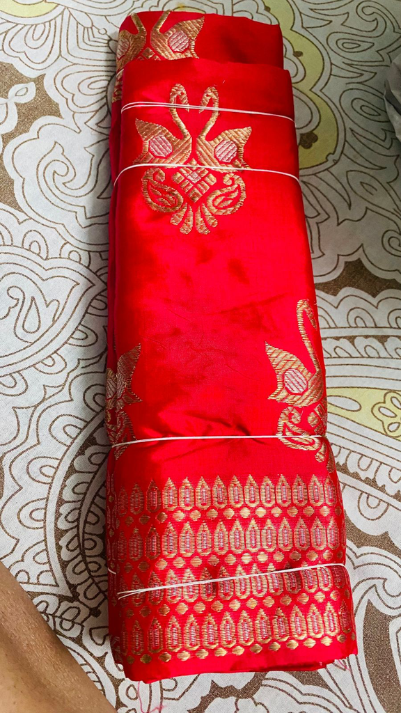 Cherry Red Assam Silk Two-Piece Saree