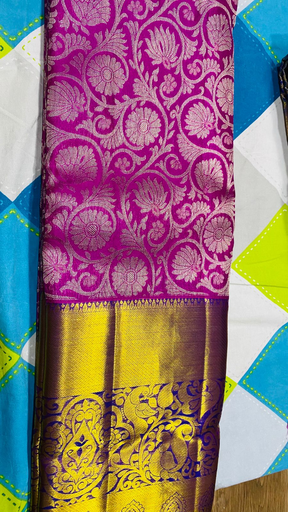 Rani Pink Blue Dharmavaram Silk Saree